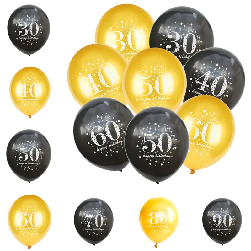

10pcs Black Gold Latex Balloons 12inch Happy Birthday Party Balloons 30/40/50/60/70th Years Old Birthday Anniversary Decorations
