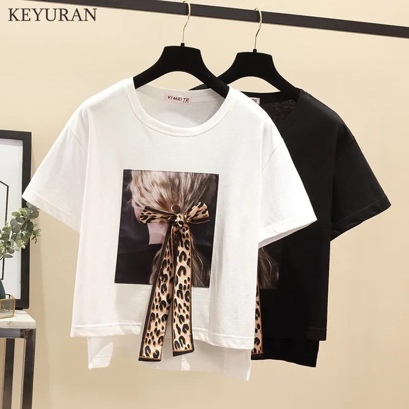 Большие размеры L-4XL Leopard Bow нашивка на галстук футболки 2019 летние хлопковые Femme