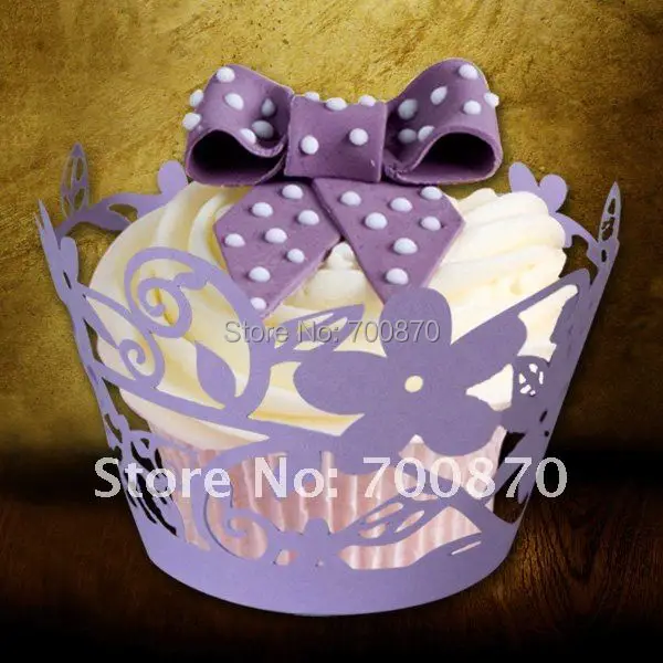 Free Shipping 60pcs Purple Flower Cup Wrapper Laser Cut Cupcake Wrapper for Party Decoration