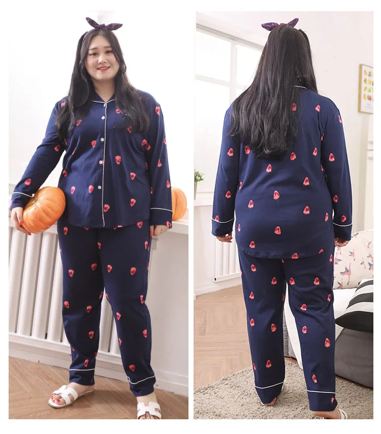 Autumn New Women's Plus Size 5XL Cotton Pajama Set Women's Fat MM Lapel Strawberry Pajamas Two-Piece Home Wear JW340 (6)