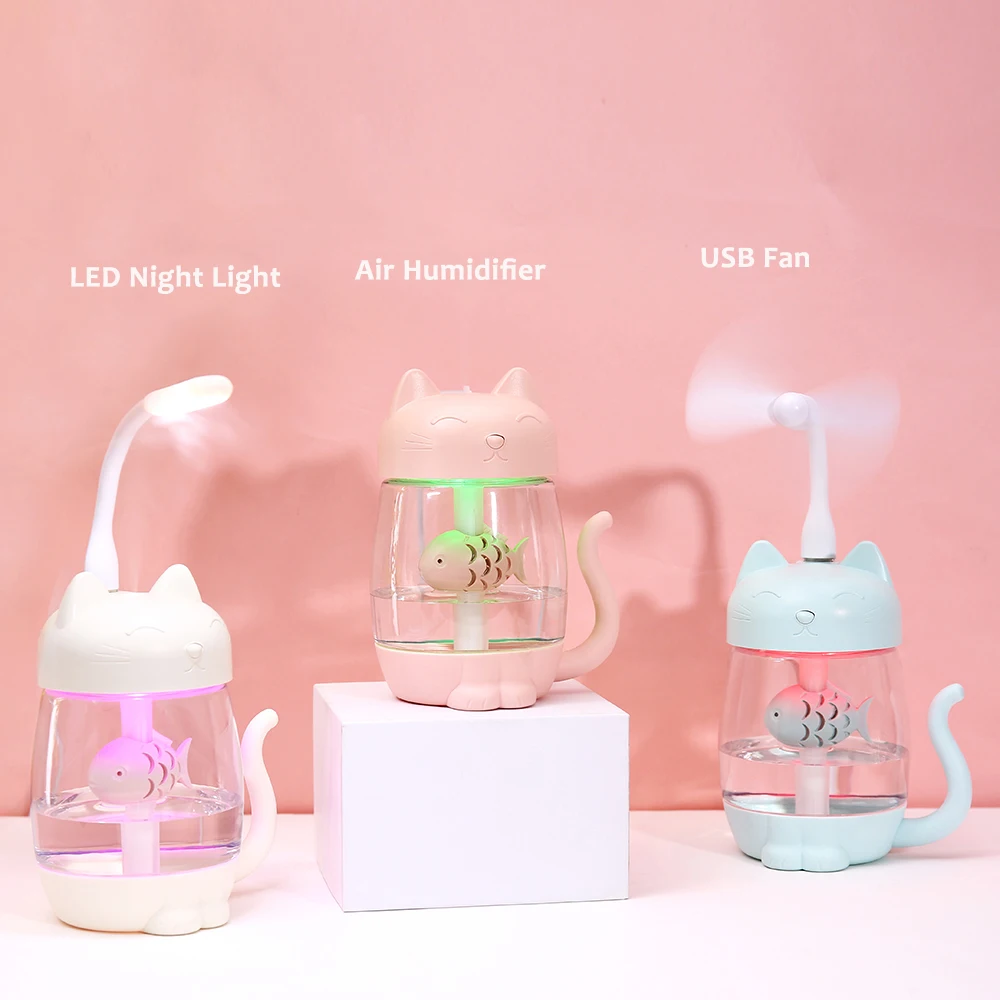 Online 350 ML Humidificador Cartoon Katze Usb luftbefeuchter Ultraschall Stille Farbe LED 3 In 1 Aroma Diffusor Für Home Office auto