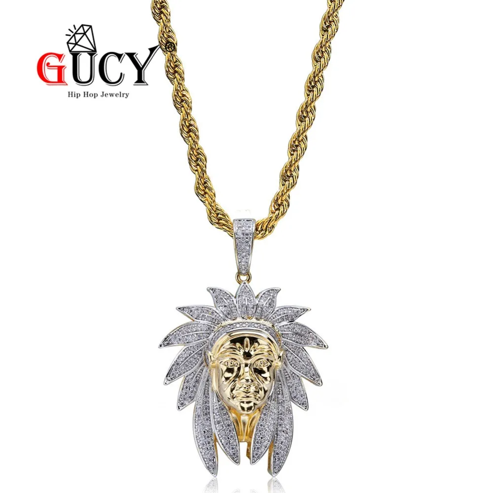 GUCY Bling Hip Hop Indian Chief Pendant Necklace Iced Out Cubic Zircon With 4MM Tennis Chain Gold Color CZ Gift For Men | Украшения и