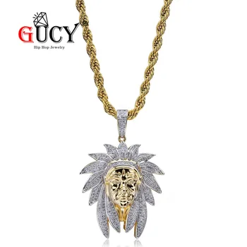 

GUCY Bling Bling Hip Hop Indian Chief Pendant Necklace Iced Out Cubic Zircon With 4MM Tennis Chain Gold Color CZ Gift For Men