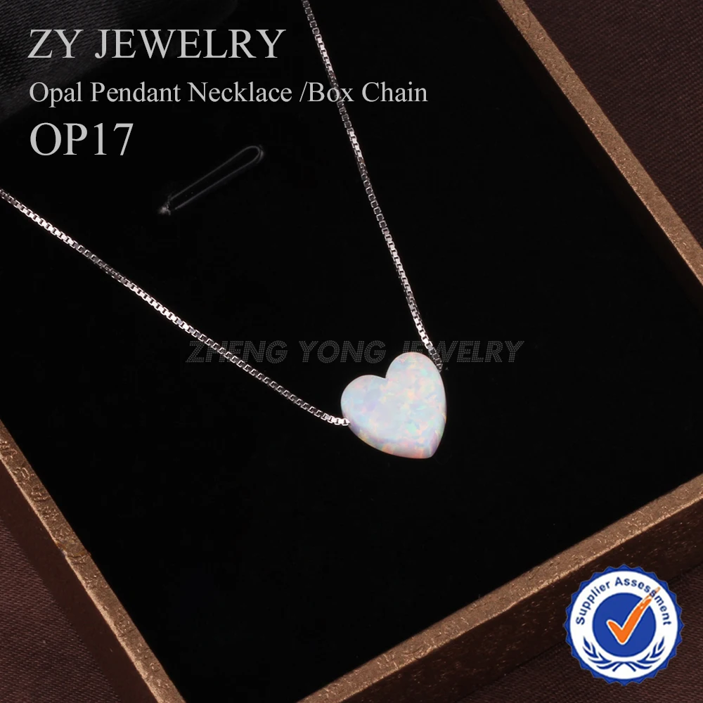 

Wholesale OP17 White Heart Opal Necklace 925 Silver Box Chain Necklace For Women