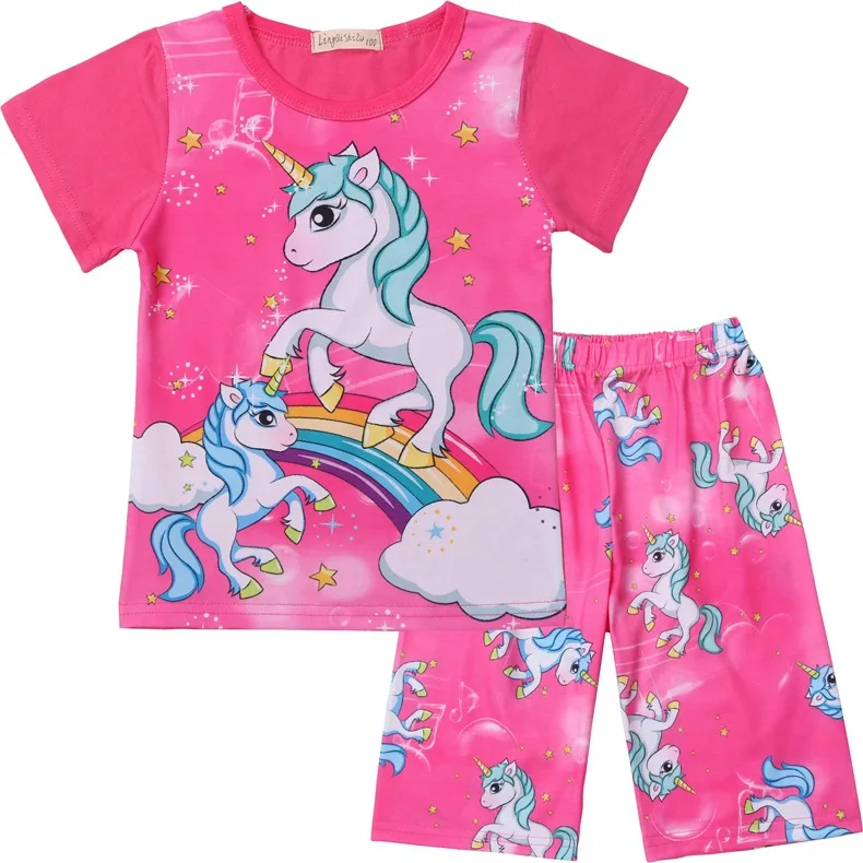 

Children Clothes Summer Baby Cartoon Home Clothes Girls Unicorn Pajamas Short Sleeve Pajamas Set Kids T Shirt