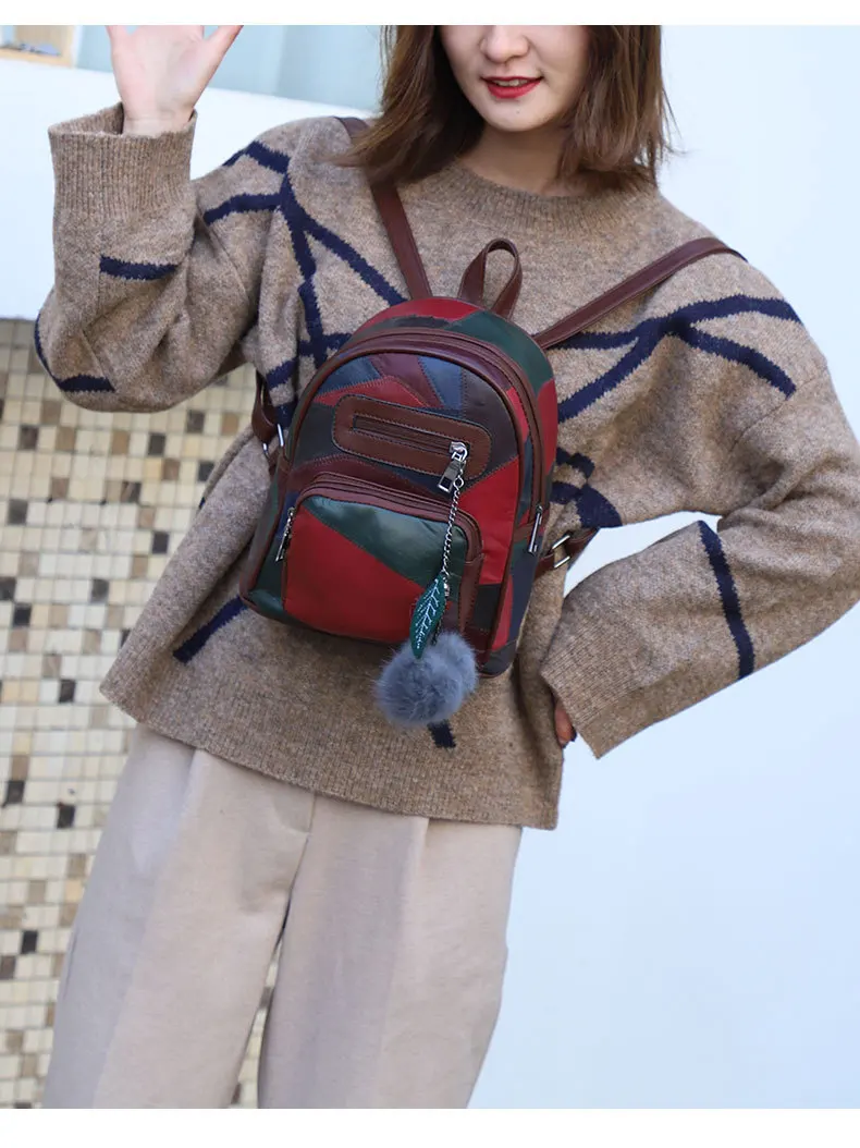 Винтажный лоскутный кожаный женский плюшевый рюкзак с подвеской для путешествий, модная сумка для книг, женская сумка для школы, сумка Mochila с бахромой