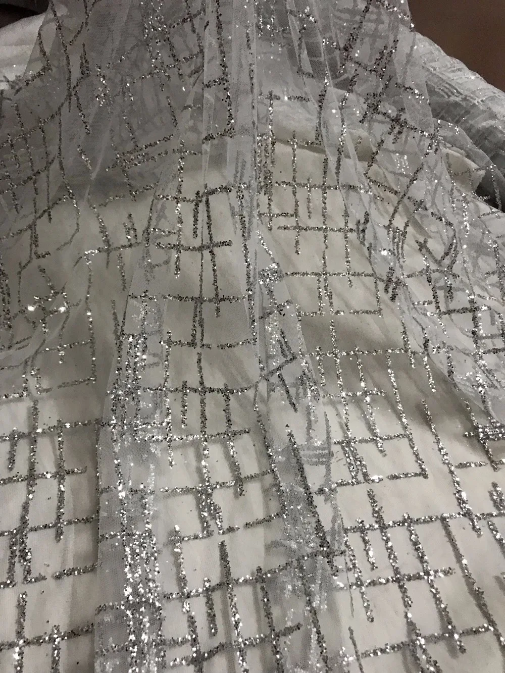 

High quality J-11896 glitter Mesh African Tulle lace fabric New Design French Mesh Lace with glued glitter
