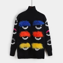 Фотография 2018 Autumn/Winter runway Women Sweater and pullover Fashion Little Monster Eyes Real Fur Wool Turtleneck Shirt  knitted Sweater