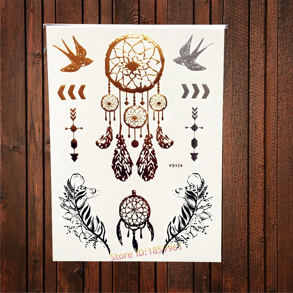 

1PC Waterproof Gold Silver Metallic Tattoo Dreamcatcher Swallow Leaf Henna Design Women Body Art Temporary Tattoo Sticker AYS124