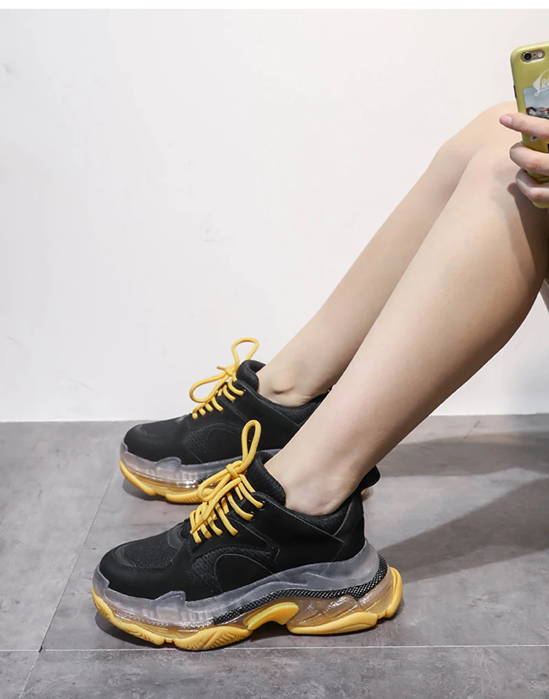 Кроссовки на платформе с рифленой подошвой; прозрачные черные кроссовки из натуральной кожи на танкетке, увеличивающие рост; женская обувь для широкой стопы; женская обувь высокого качества