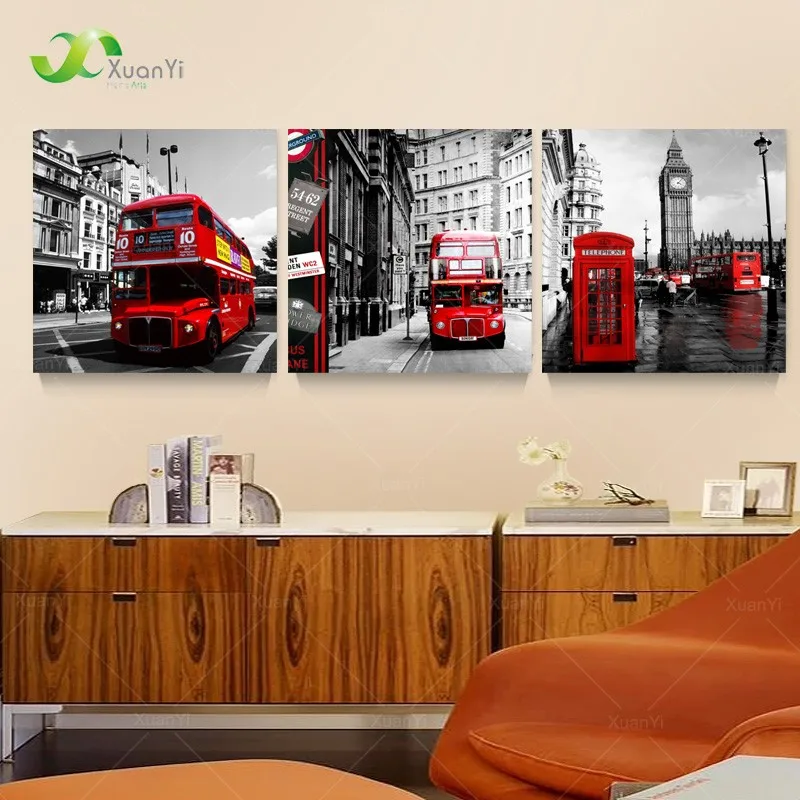 3 Panel London Bus Painting Poster Canvas Art City Bus Street View