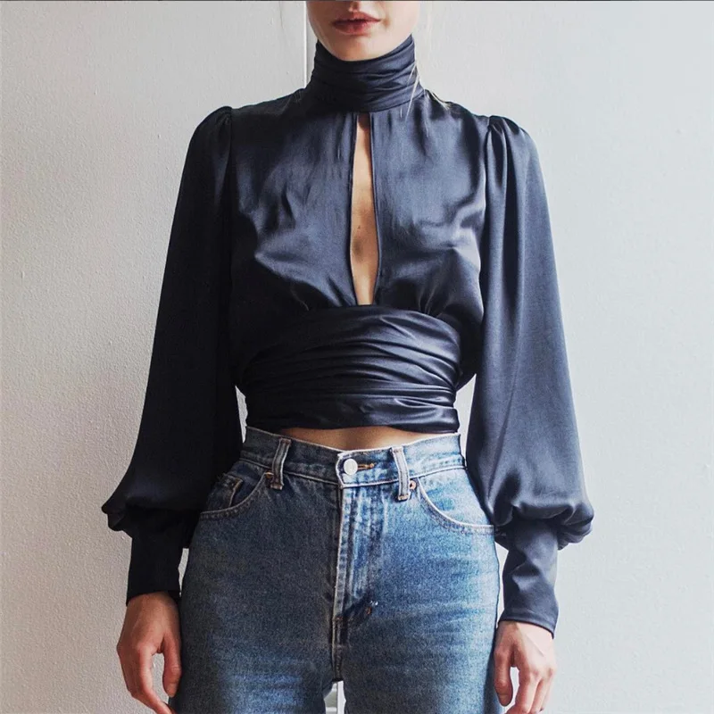 satin open back blouse
