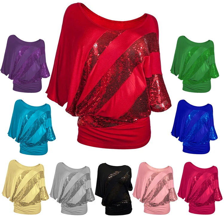 Women's Shimmer Glam Glitter Sequin Sparkle Blouse Party Shiny Batwing