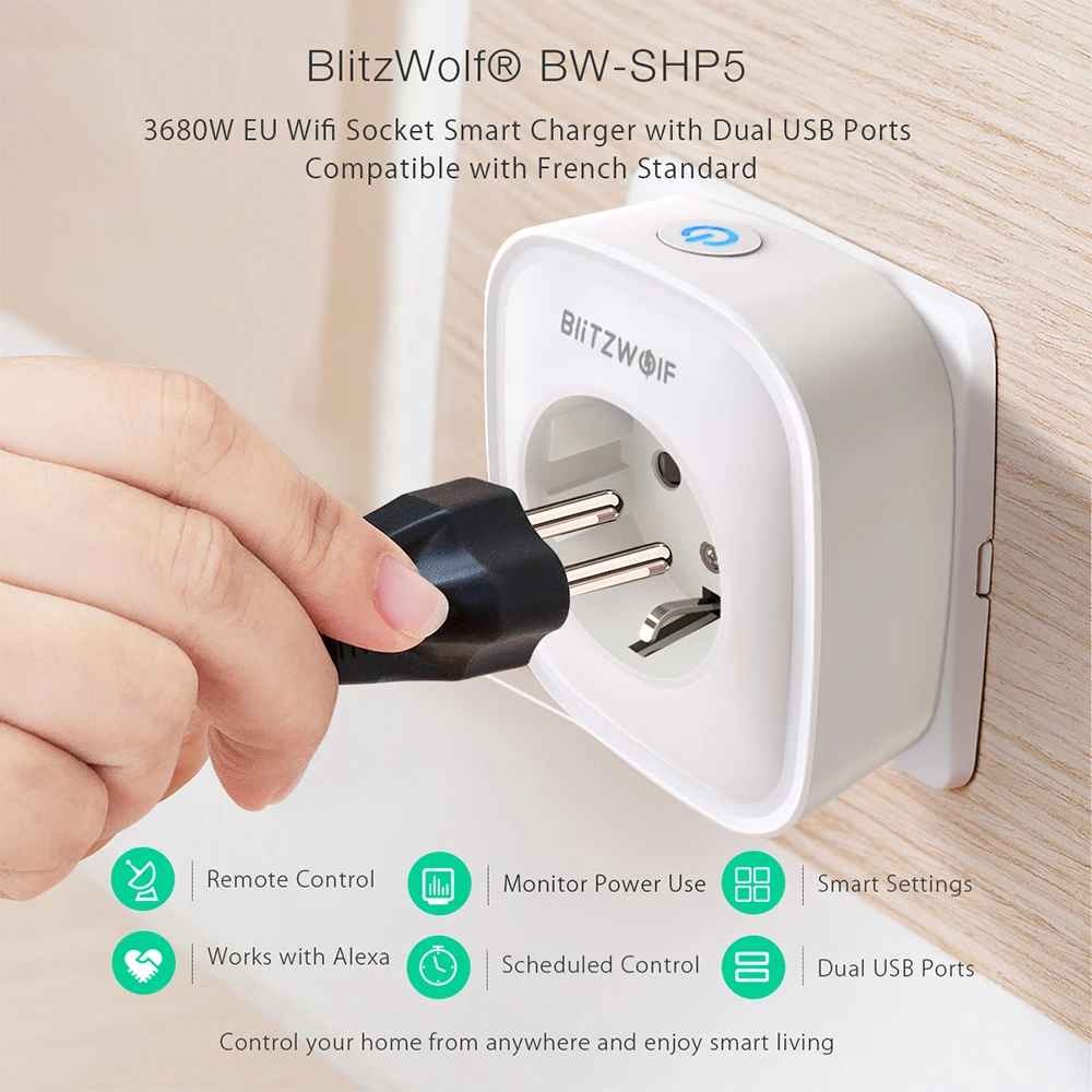 Умная розетка BlitzWolf с поддержкой Wi Fi и двумя USB портами на 2 1 А|Умные розетки| |