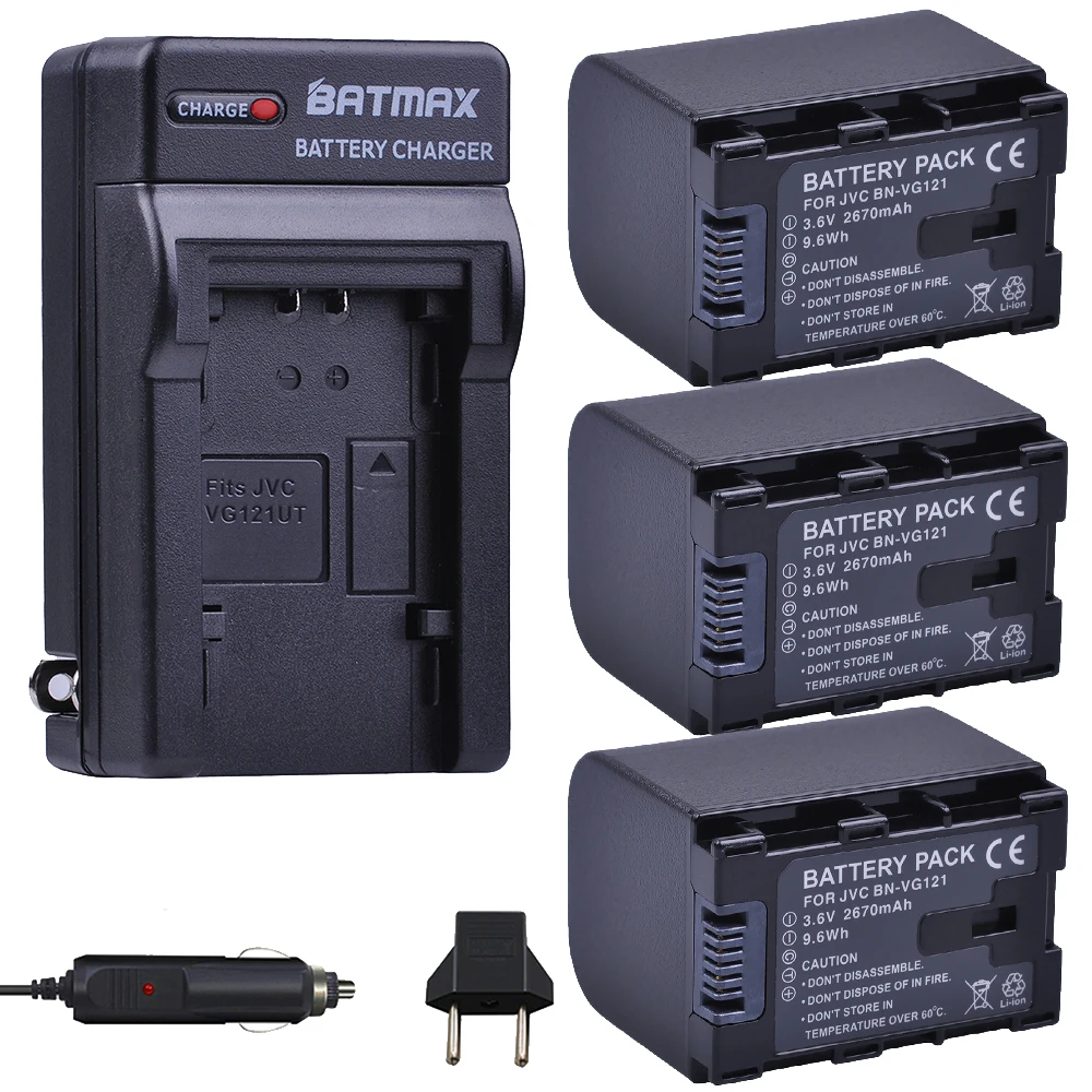 3Pcs 2670mAh BN-VG121,VG121U,VG121US Batteries + Charger Kits for JVC Everio GZ-E Series BN-VG138 BN-VG107U BN-VG114 Camcorders