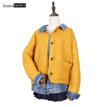 

New Sweater Cardigan Women Winter Clothes Women Long Sleeve Turndown collar Fake Two Pieces Denim Sweater Loose Thick Cardigan
