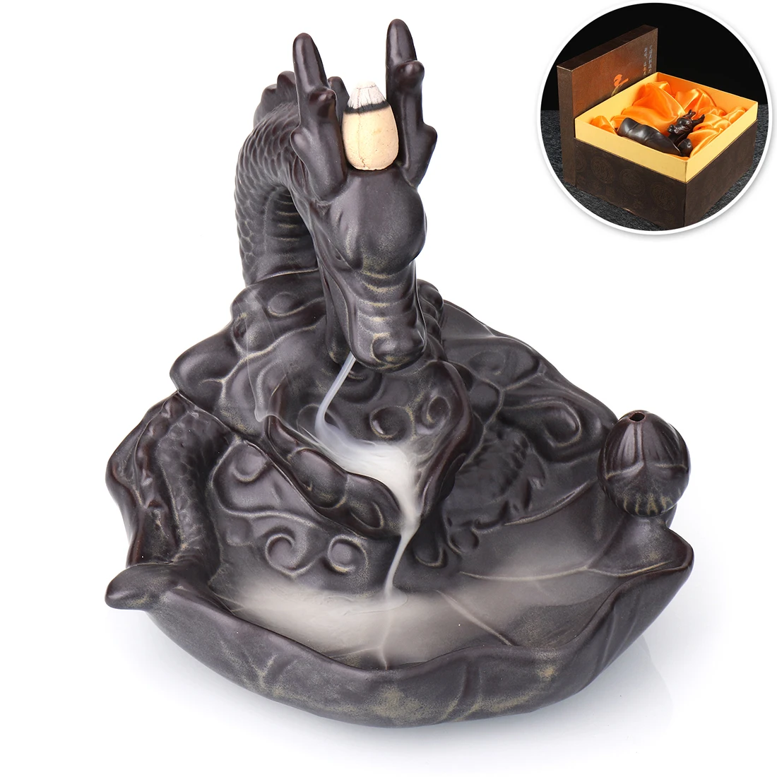 Ceramic Dragon Backflow Incense Burner with Gift Box Smoke Backflow