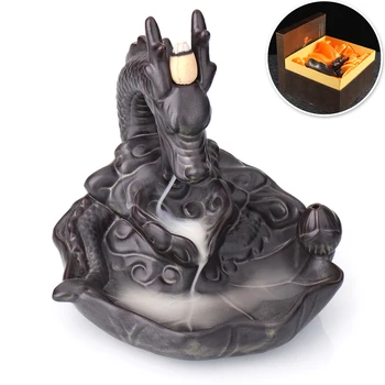

Ceramic Dragon Backflow Incense Burner with Gift Box Smoke Backflow Cones Incense Burner Censer Holder + 10pcs Incense Cones