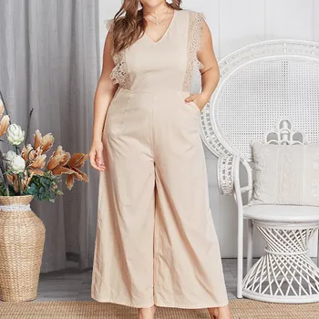 

2019 Women Lace Casual Solid Jumpsuit V Neck Sleeveless Loose Overalls Plus Size Wide Leg Playsuit
