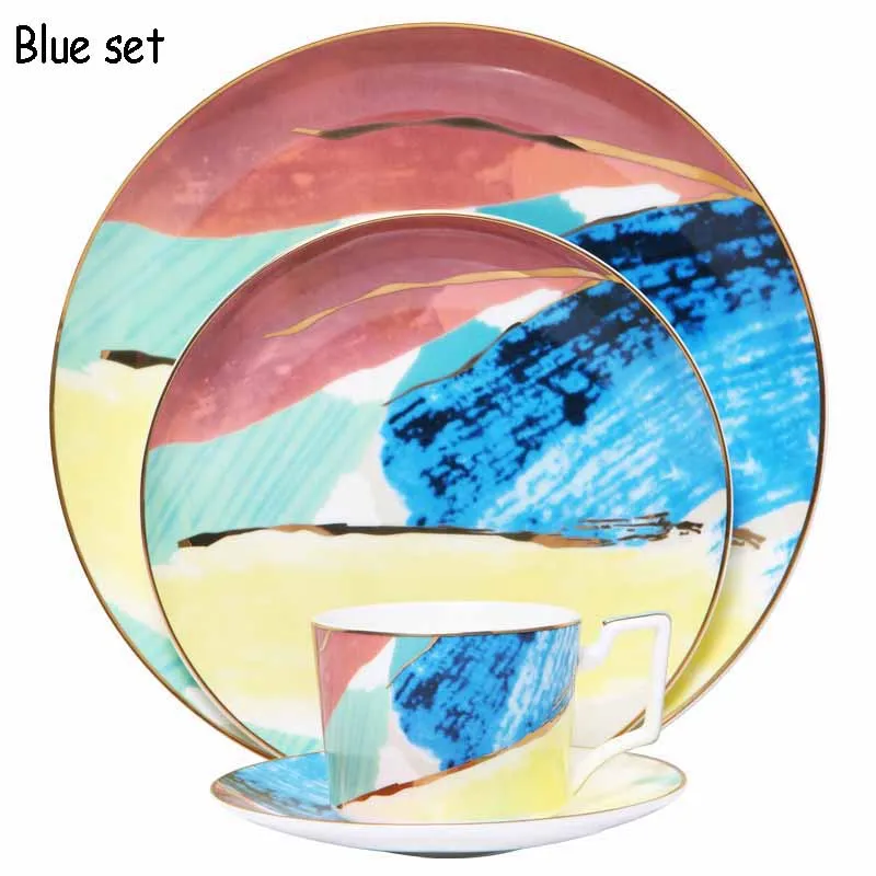 Красочный набор керамической посуды дизайн «масляная живопись» Кофейная Кружка Набор десертный поднос 10 дюймов обеденная тарелка Современная посуда полный набор - Цвет: blue set