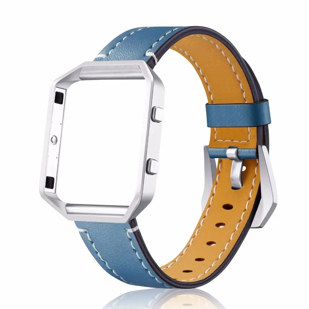 Ремешок для часов из натуральной кожи для Fitbit Blaze, сменный ремешок+ Meatal Frame House Wrsit, ремешок для смарт-часов Fitbit Blaze - Цвет ремешка: blue and silver