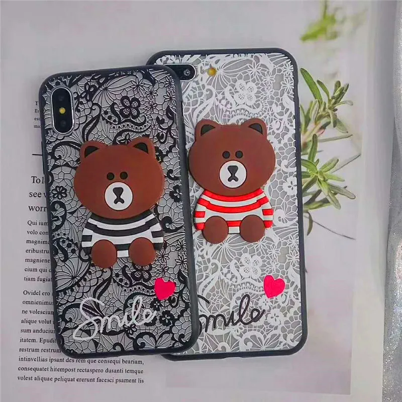 Luxury Back Cover For iPhone XR XS MAX 8 7 6s Plus Capa Coque Fundas Lace Flowers Pattern Smile Bear Brown Cartoon Phone Cases |
