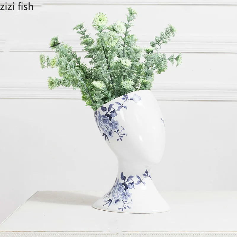 

Modern Abstract Flower Vase Ceramics Ornaments Decoration Personality Creative Blue and White Porcelain Vases Chinese Flower Pot