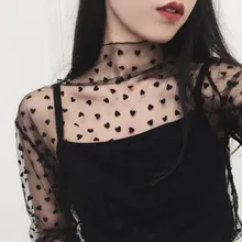 Fashion Trends Mesh Women Long Sleeve Tops Hot Sexy Transparent High Neck Black Lace Bottoming Shirts Punk Chic T Shirt Women