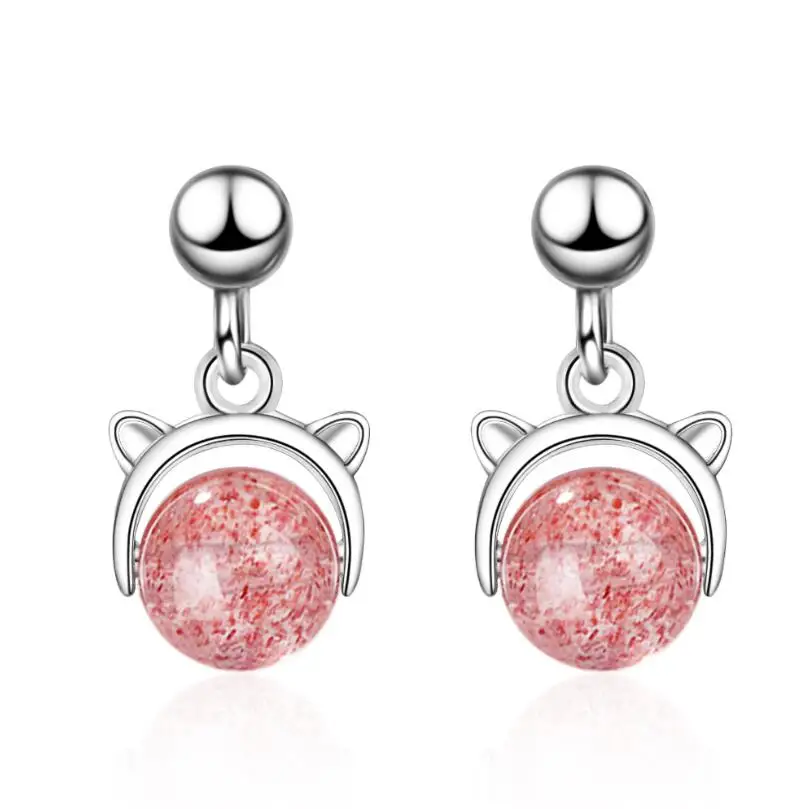 

Pink Strawberry Crystal Cute Small Cat Stud Earring Trend Creative 925 Sterling Silver Pendientes Jewelry Boucle D'oreille SAE68