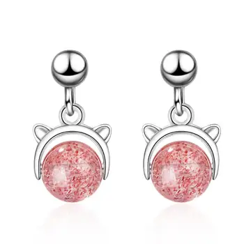 

Pink Strawberry Crystal Cute Small Cat Stud Earring Trend Creative 925 Sterling Silver Pendientes Jewelry Boucle D'oreille SAE68