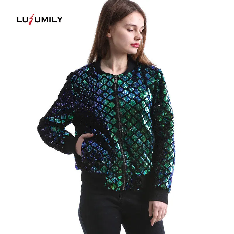 

Lusumily 2019 New Arrivals Women Sequin Coat Green Bomber Jacket Long Sleeve Zipper Streetwear Jacket Preppy Casual Basic Coat
