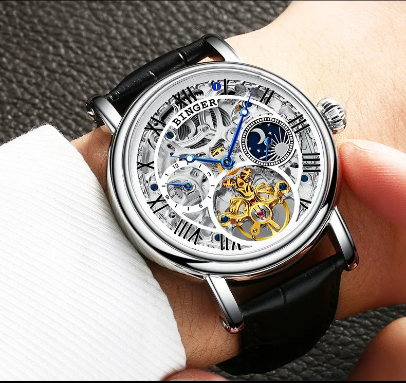 Швейцарские BINGER Skeleton Tourbillon модные повседневные дизайнерские Механические мужские s часы Лидирующий бренд Роскошные автоматические часы для мужчин