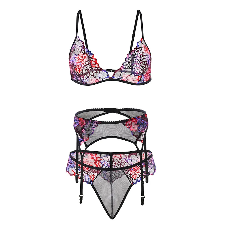Вышивка кружева беспроводной Bralette Сексуальное Тонкое нижнее белье трусики костюм с подвязками нижнее белье бюстгальтер+ нижнее белье+ подвязки