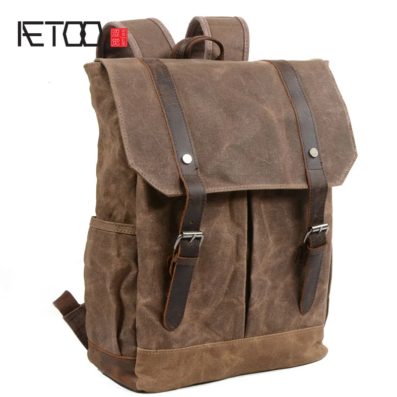 

AETOO Korean retro bag men shoulder bag college wind simple college student backpack waterproof oil wax canvas bag men