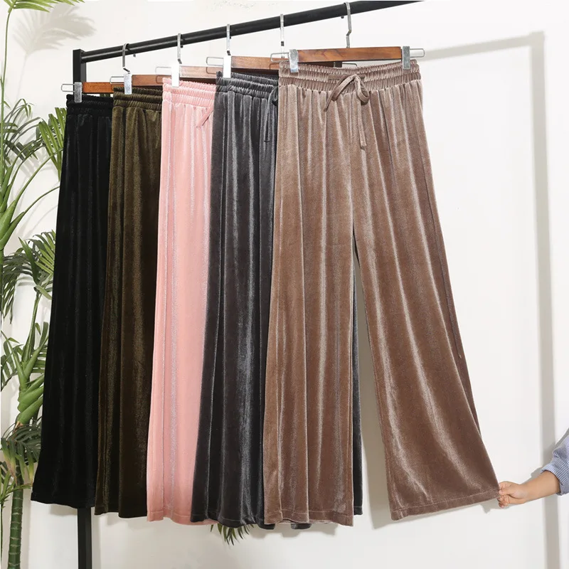 

New Korean version of the tide high waist drawstring gold velvet wide leg pants women loose casual mopping long pants