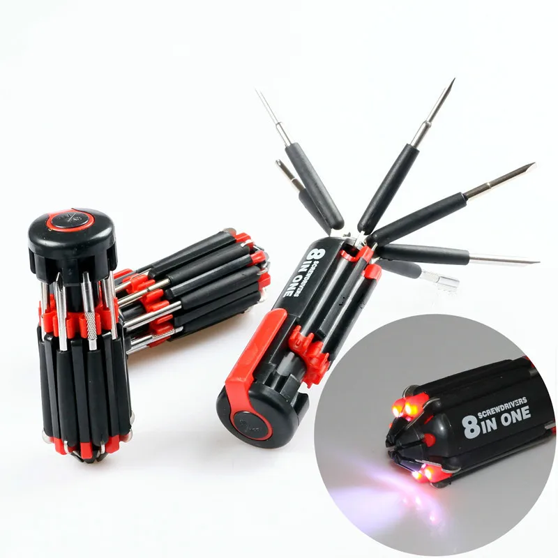 

8-in-1 screwdriver with LED lighting home multi-function multi-purpose together with tools outdoor tools car safety hammer