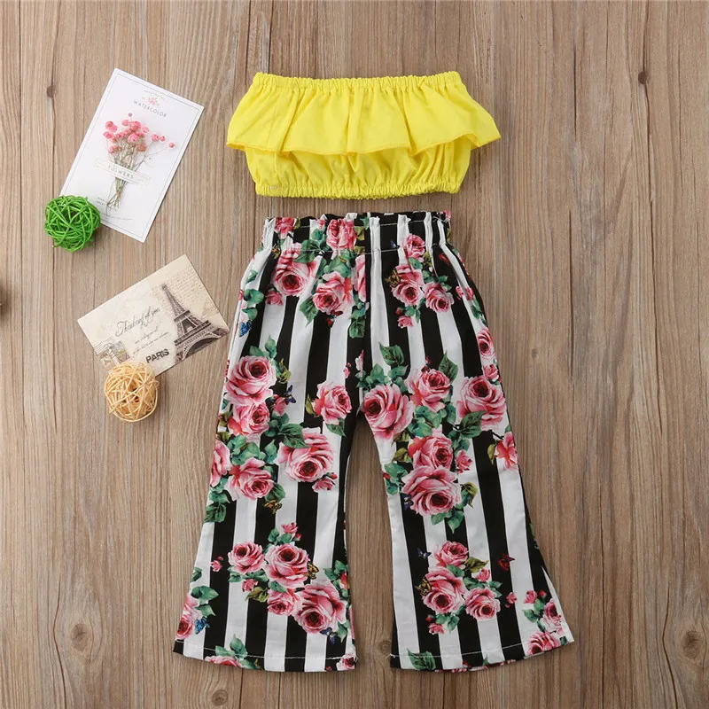 

Summer Sleeveless T-shirt Tops Loose Floral Striped Pants Trousers Girls Clothing Outfits 2PCs Toddler Girl Kids Clothes Set