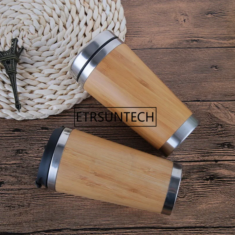 

50pcs 450ml Natural Bamboo Thermos Mug Coffee Cup with Lid Seal Stainless Steel vacuum flasks Thermo mug for Car Water Bottle
