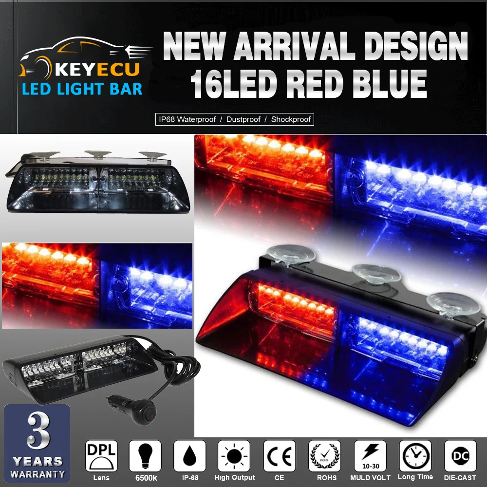 

KEYECU 16 LED Bright red+blue 16W Windshield Emergency Flash Strobe Light Interior Dash for Windshield COULD Adjustable angle