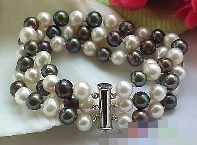 

0833 3ROW 8" WHITE BLACK ROUND FW PEARL BRACELET MAGNET