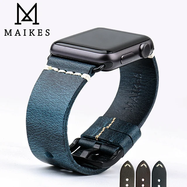 Best Price MAIKES Vintage Greasedleather Watch Strap Fashion Blue Watchband Bracelet Watch Band For Apple Watch 42mm 38mm Series 3/2/1