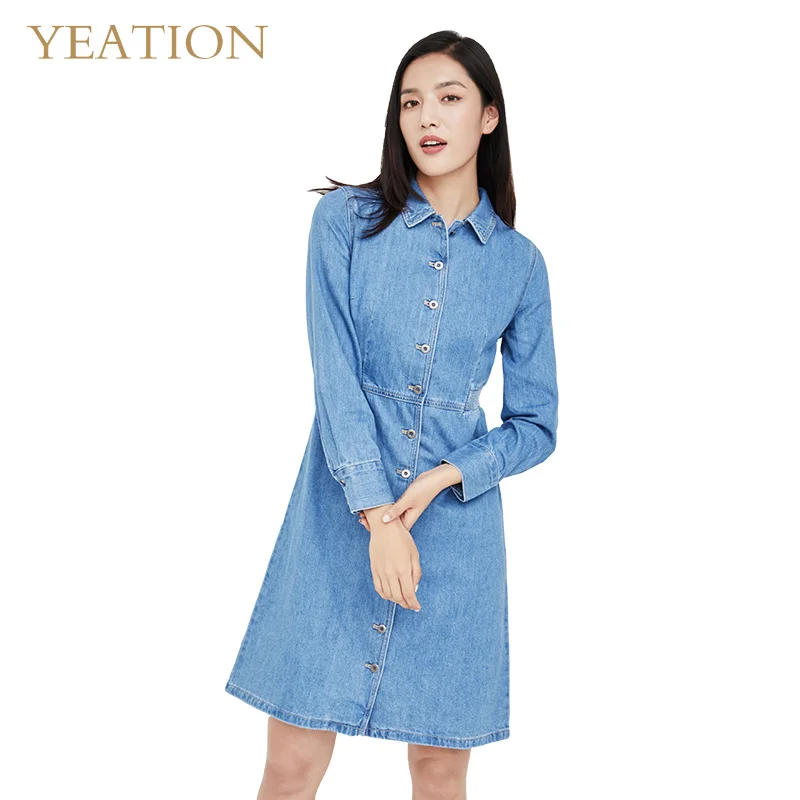 

YEATION Woman Dresses Denim A-Line Casual Turn-down Collar Dresses