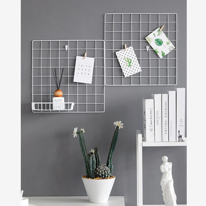Multi-Function Iron Metal Grid Decor Photo Frame Wall Art Display Mesh Storage Shelf Organizer Rack Holder + 10pcs Wooden Clips