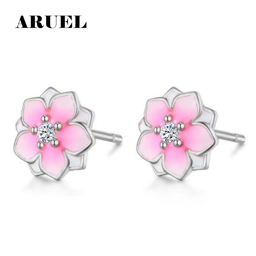 

ARUEL Romantic Jewelry Enamel Flowers Stud Earrings For Wedding Elegant Silver Color AAA Cubic Zirconia Lovers Brincos Gift