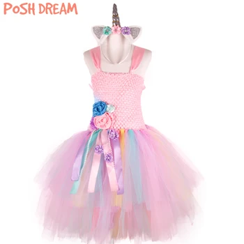 

POSH DREAM Rainbow Unicorn Flower Children Party Dresses Unicorn Cosplay Baby Girls Dresses Kids Girls Halloween Party Clothes