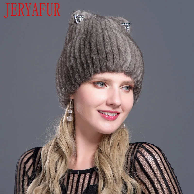 JERYAFUR, русская Мода, шапка из меха норки и лисы, Модная молодежная зимняя женская шапка с кошачьими ушками, милая шапка из меха норки, лыжная шапка, меховая шапка