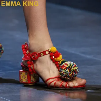

Fashion Bohemia Pom Pom High Heel Sandals Runway Shoes Genuine Leather Women Sandals 5.5CM Painting Chunky Heel Summer Sandals