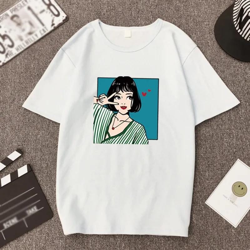 Летняя Милая женская футболка с рисунком для девочек, топы с круглым вырезом, женская футболка, повседневный Свободный Топ с коротким рукавом для девочек