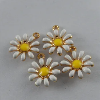 

10 Pcs Alloy White+Gold Enamel Sun Flower Pendant Charms Handmade Keychain Bracelet Findings 16*13*3mm