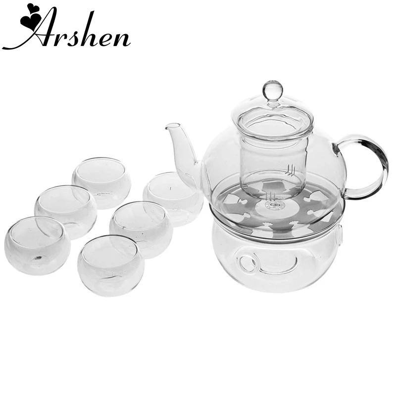 Arshen Teaware Set Heat resistant Glass 400ML Teapot Set Infuser Teapot with Warmer and 6 Pcs